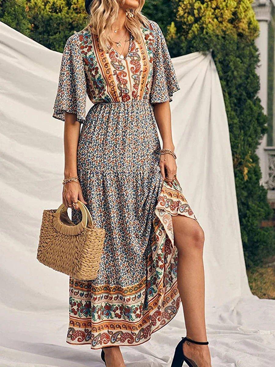 Elegant Casual Long Dress Boho Print Design Short Sleeve V Neck Summer Dress For Women 2024 Fashion - Womans Fashion