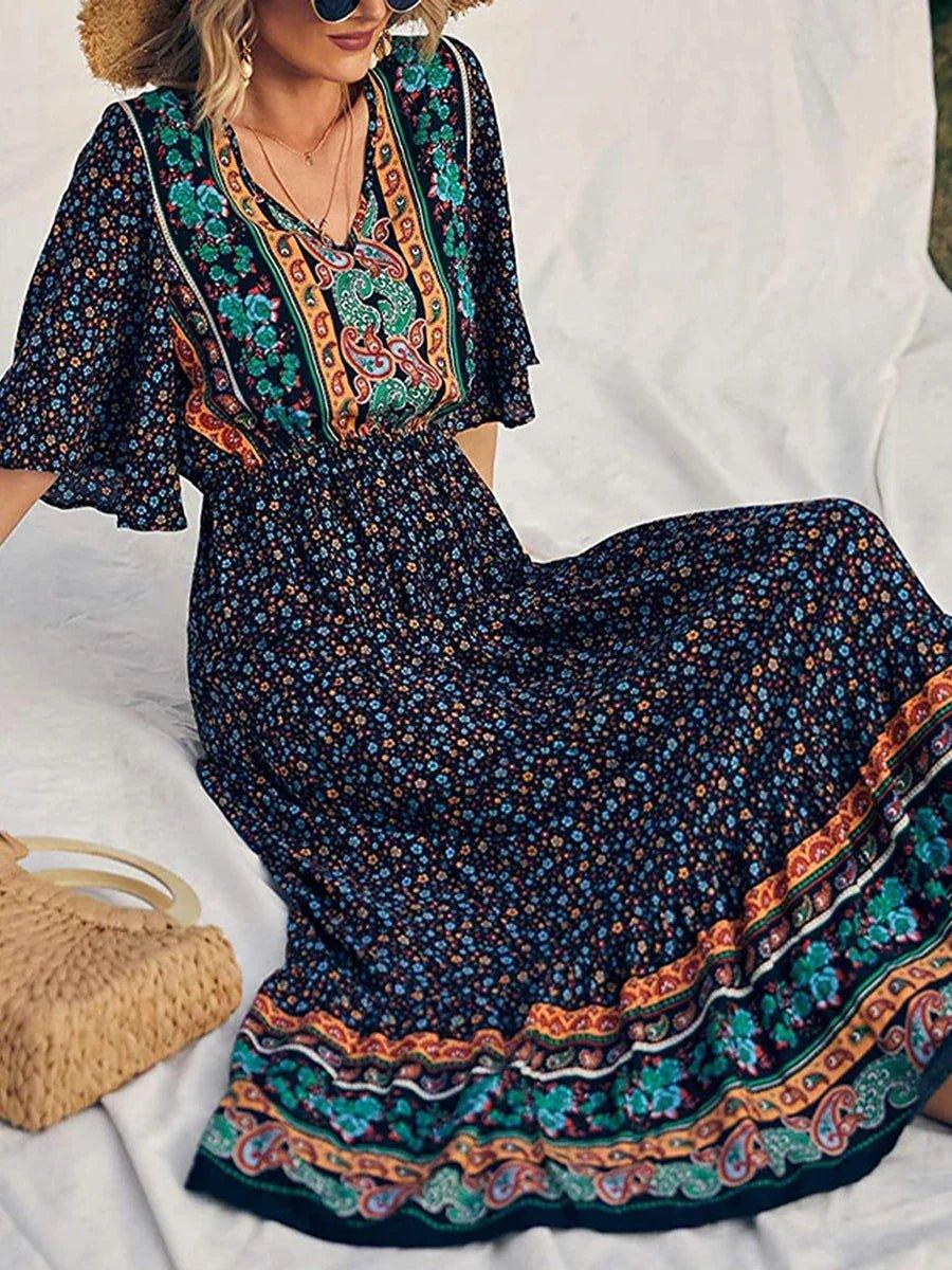 Elegant Casual Long Dress Boho Print Design Short Sleeve V Neck Summer Dress For Women 2024 Fashion - Womans Fashion