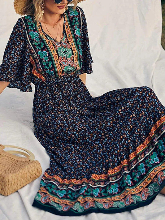 Elegant Casual Long Dress Boho Print Design Short Sleeve V Neck Summer Dress For Women 2024 Fashion - Womans Fashion