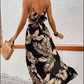Elegant Deep V - neck Dress Women Summer Sleeveless Printed Vest Skirt Set Sexy High Slit Trend Dresses - Womans Fashion