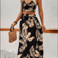 Elegant Deep V - neck Dress Women Summer Sleeveless Printed Vest Skirt Set Sexy High Slit Trend Dresses - Womans Fashion