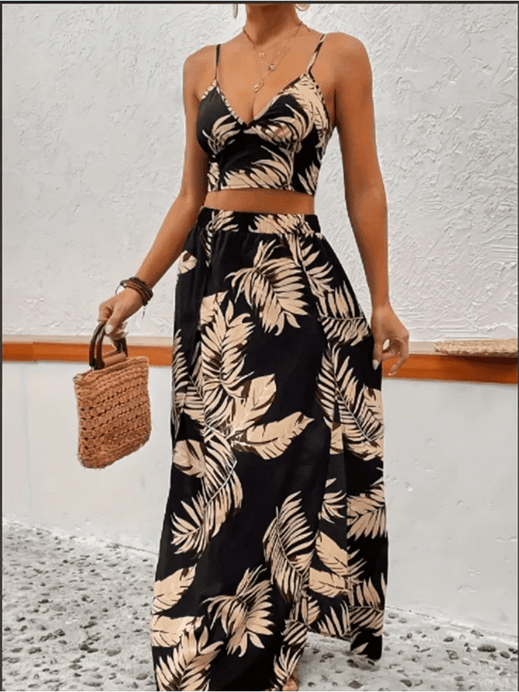 Elegant Deep V - neck Dress Women Summer Sleeveless Printed Vest Skirt Set Sexy High Slit Trend Dresses - Womans Fashion