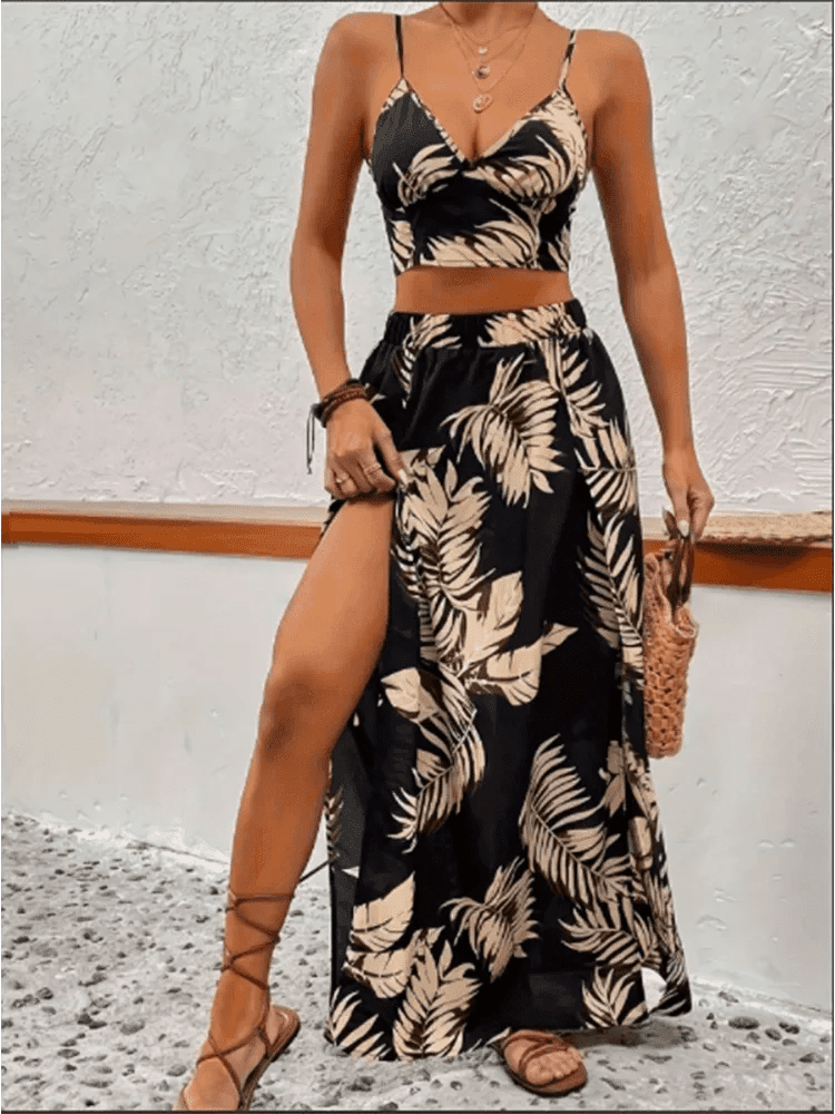 Elegant Deep V - neck Dress Women Summer Sleeveless Printed Vest Skirt Set Sexy High Slit Trend Dresses - Womans Fashion