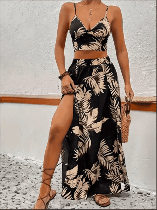 Elegant Deep V - neck Dress Women Summer Sleeveless Printed Vest Skirt Set Sexy High Slit Trend Dresses - Womans Fashion