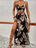 Elegant Deep V - neck Dress Women Summer Sleeveless Printed Vest Skirt Set Sexy High Slit Trend Dresses - Womans Fashion