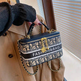 Stylish women's fashion handbag with chain strap and logo print, perfect for trendy outfits