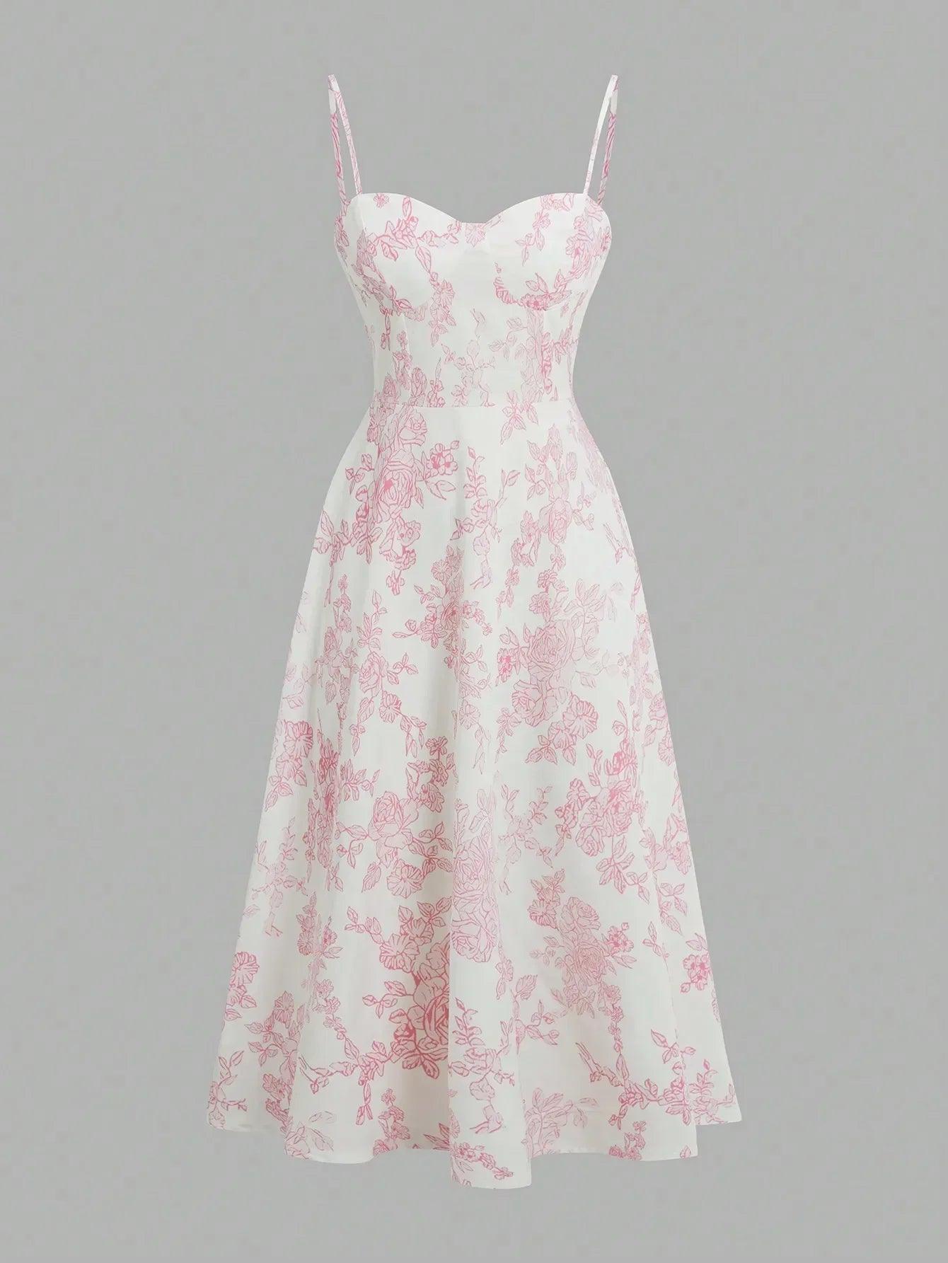 White floral midi dress with pink rose print, sweetheart neckline, and thin straps for women's fashion
