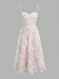 White floral midi dress with pink rose print, sweetheart neckline, and thin straps for women's fashion