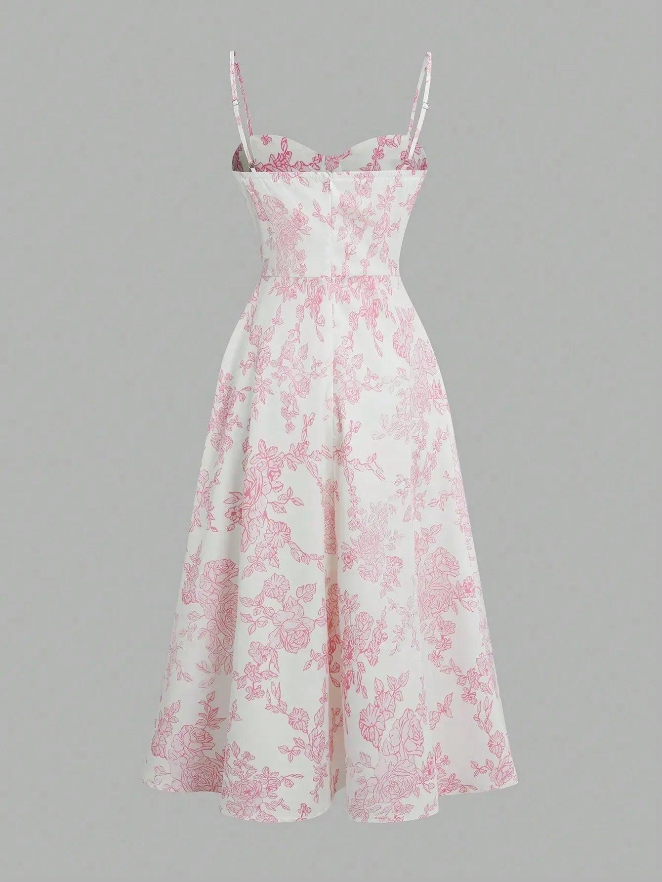 White midi dress with pink floral print, thin straps, and flared skirt for women's fashion