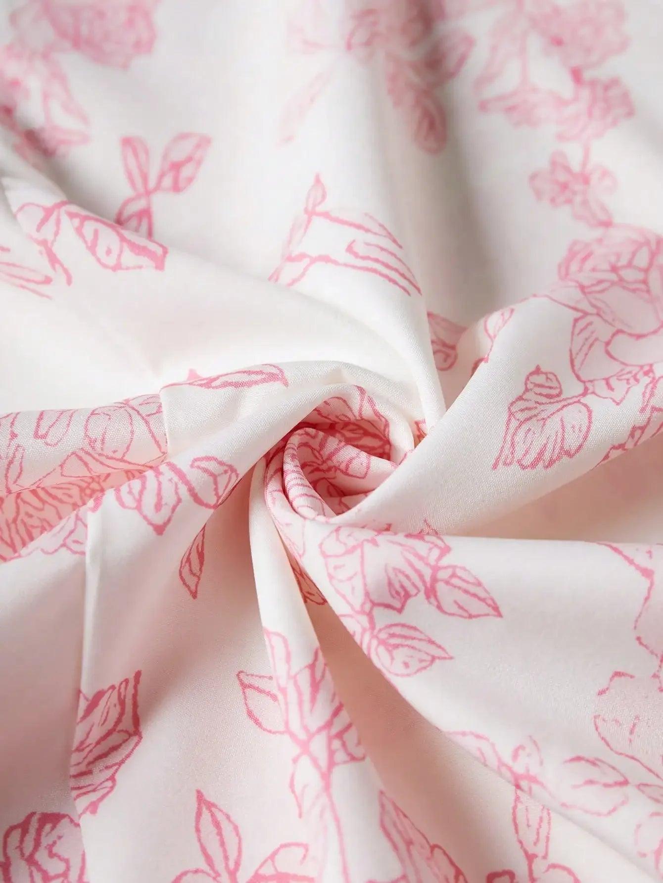White fabric with pink floral print, soft texture for women's fashion clothing