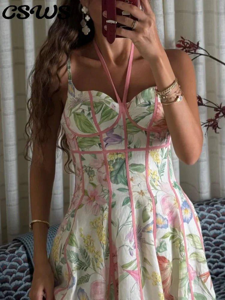 Elegant Printed Flower Women's Dress Contrast Sleeveless Halter Waist - Closed A - Line Lady Dresses Summer Fashion Vacation Robe - Womans Fashion