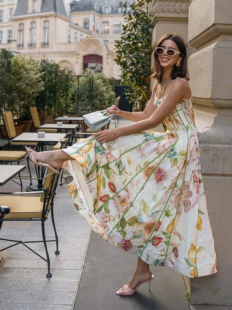 Elegant Printed Flower Women's Dress Contrast Sleeveless Halter Waist - Closed A - Line Lady Dresses Summer Fashion Vacation Robe - Womans Fashion