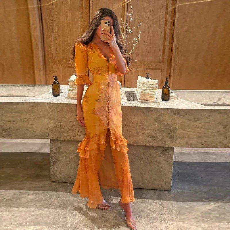 Elegant Printed Flower Women's Dress Contrast Sleeveless Halter Waist - Closed A - Line Lady Dresses Summer Fashion Vacation Robe - Womans Fashion