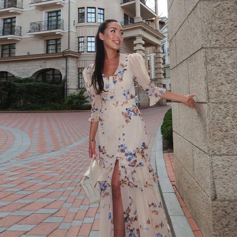 Elegant Printed Flower Women's Dress Contrast Sleeveless Halter Waist - Closed A - Line Lady Dresses Summer Fashion Vacation Robe - Womans Fashion