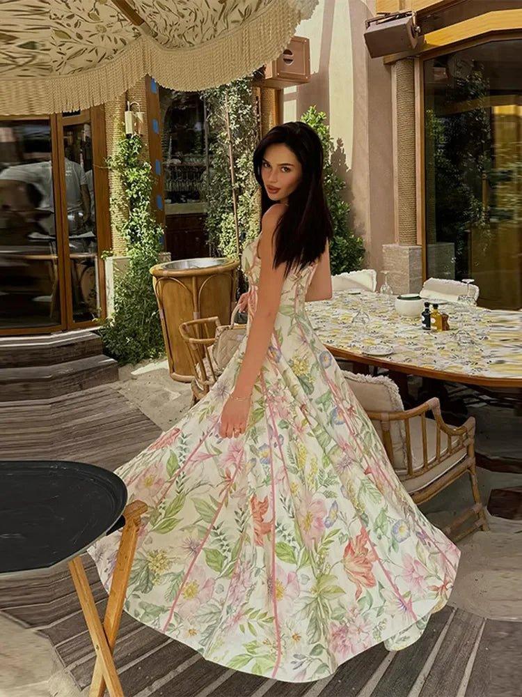 Elegant Printed Flower Women's Dress Contrast Sleeveless Halter Waist - Closed A - Line Lady Dresses Summer Fashion Vacation Robe - Womans Fashion