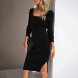 Black ribbed knit midi dress with square neck, long sleeves, and side slit for women's fashion