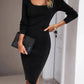 Black ribbed long sleeve midi dress with square neckline, perfect for women's fashion and elegant occasions
