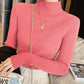 Pink ribbed turtleneck sweater for women, stylish long sleeve fashion top with gold necklace