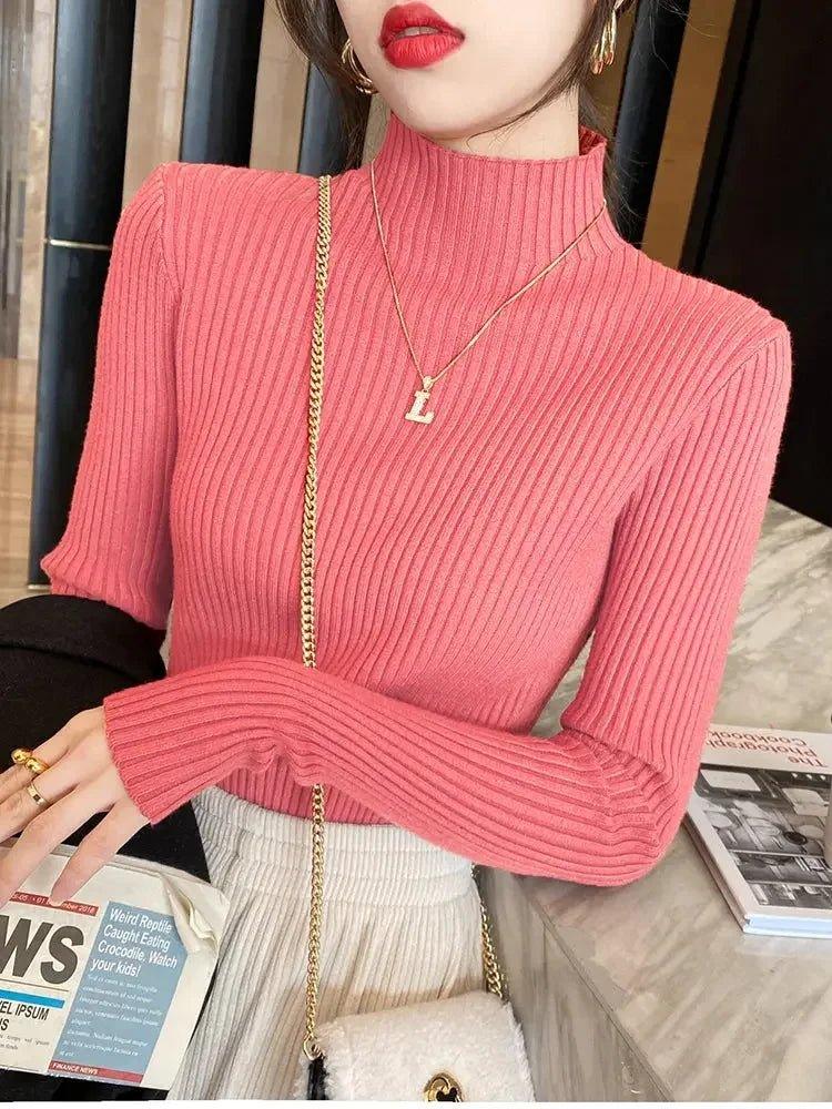 Pink ribbed turtleneck sweater for women, stylish long sleeve fashion top with gold necklace