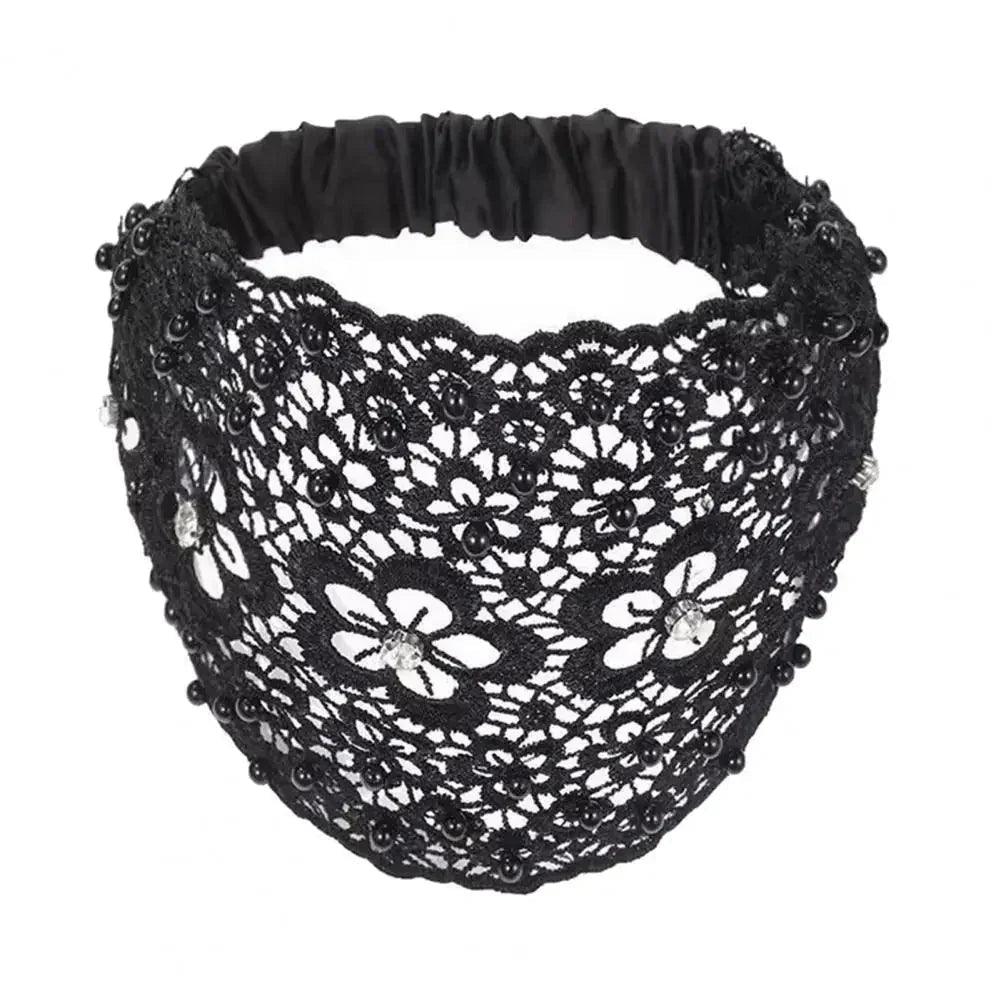 Black lace headband with floral beading, elegant women's fashion accessory for beauty and style