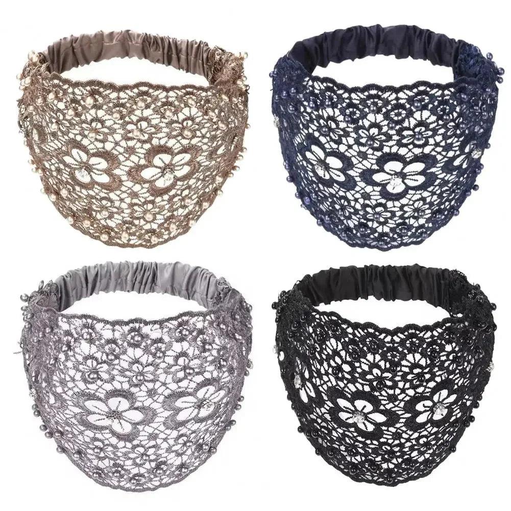 Elegant lace headbands with floral patterns and pearl embellishments in four colors for women’s fashion
