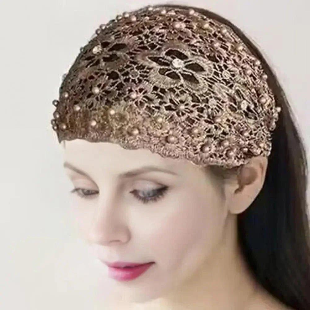 Elegant lace headband with pearls and floral details for women's fashion