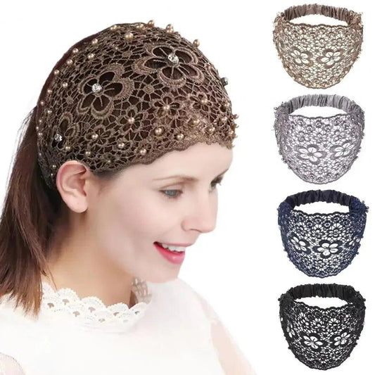 Elegant lace headband with floral embroidery and pearl accents, perfect for women’s fashion
