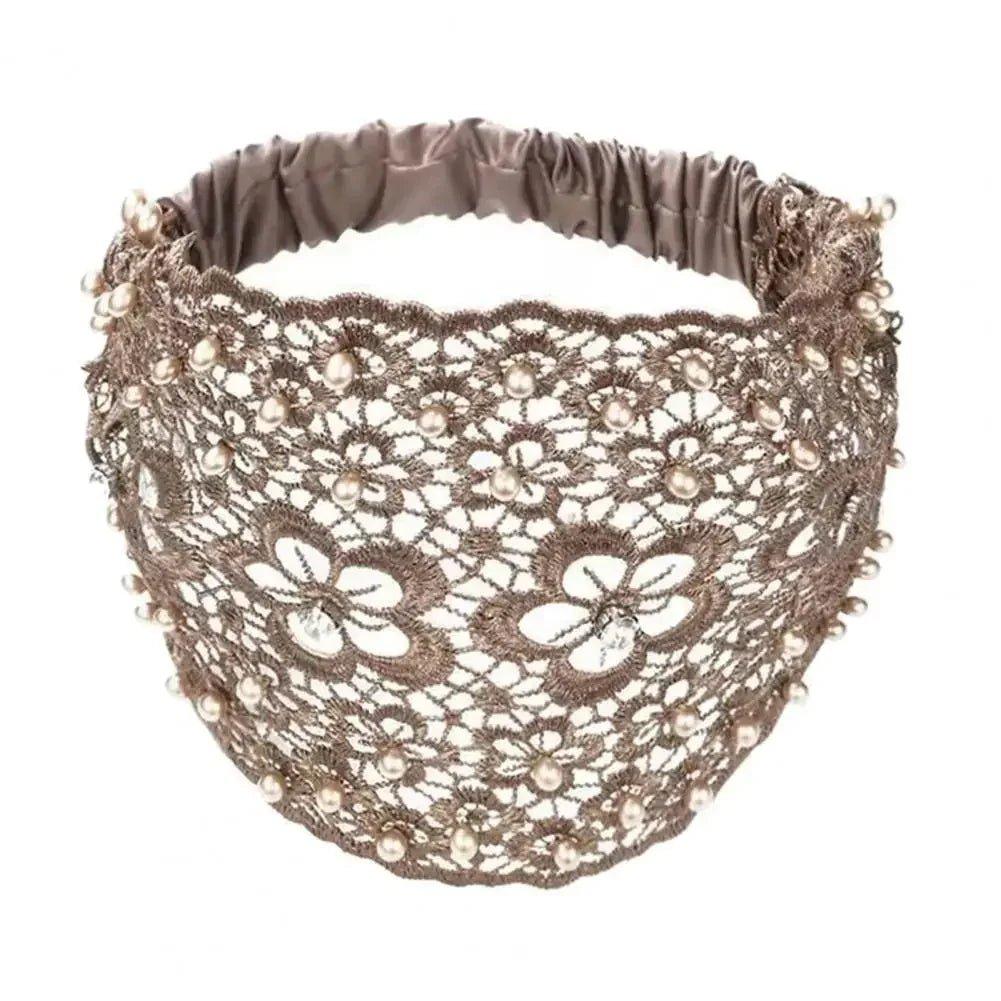 Elegant lace headband with pearls and floral embroidery for women's fashion
