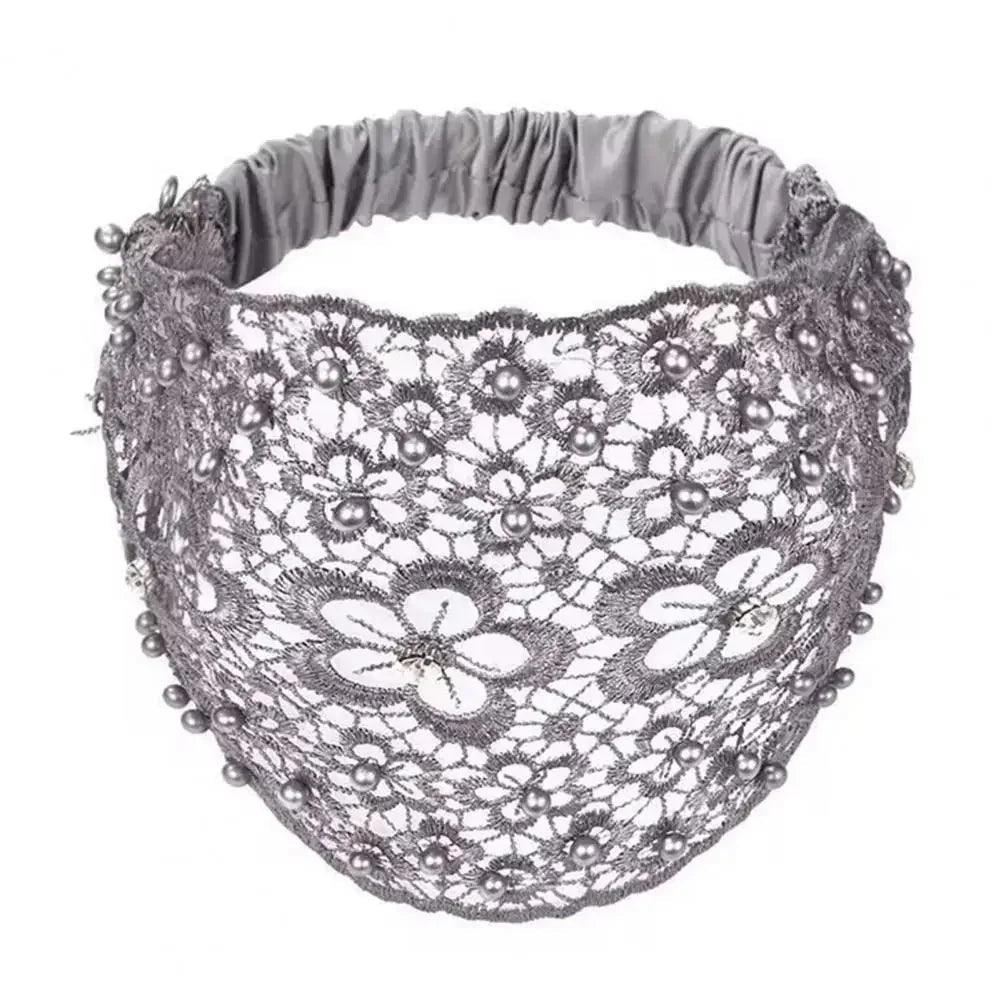 Elegant gray lace headband with floral embroidery and pearl beads, perfect for women's fashion