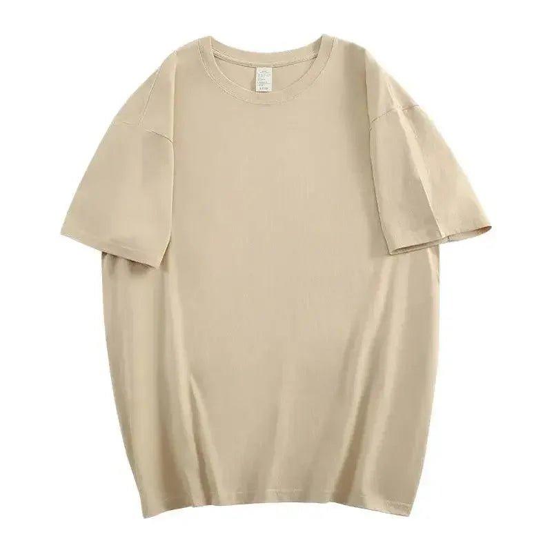 Beige women's oversized t-shirt with short sleeves, casual fashion top for everyday wear