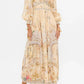 Elegant floral maxi dress with puff sleeves, V-neck, and gold accessories for women's fashion