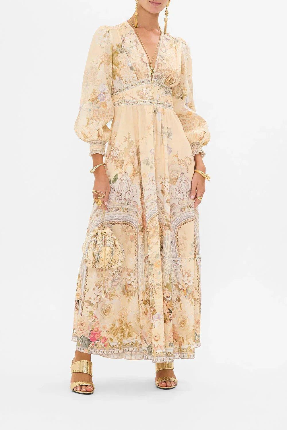 Elegant floral maxi dress with puff sleeves, V-neck, and gold accessories for women's fashion