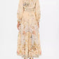 Elegant floral print maxi dress with long sleeves and lace trim, perfect for women's fashion