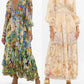 Two women in elegant floral maxi dresses with puff sleeves, perfect for boho fashion and special occasions.