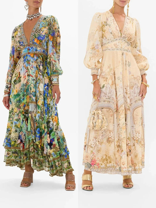 Two women in elegant floral maxi dresses with puff sleeves, perfect for boho fashion and special occasions.