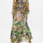 Floral print maxi dress with Disney princesses, long sleeves, and ruffled hem for women's fashion