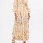 Elegant floral maxi dress with puff sleeves, V-neck, and gold accessories for women's fashion