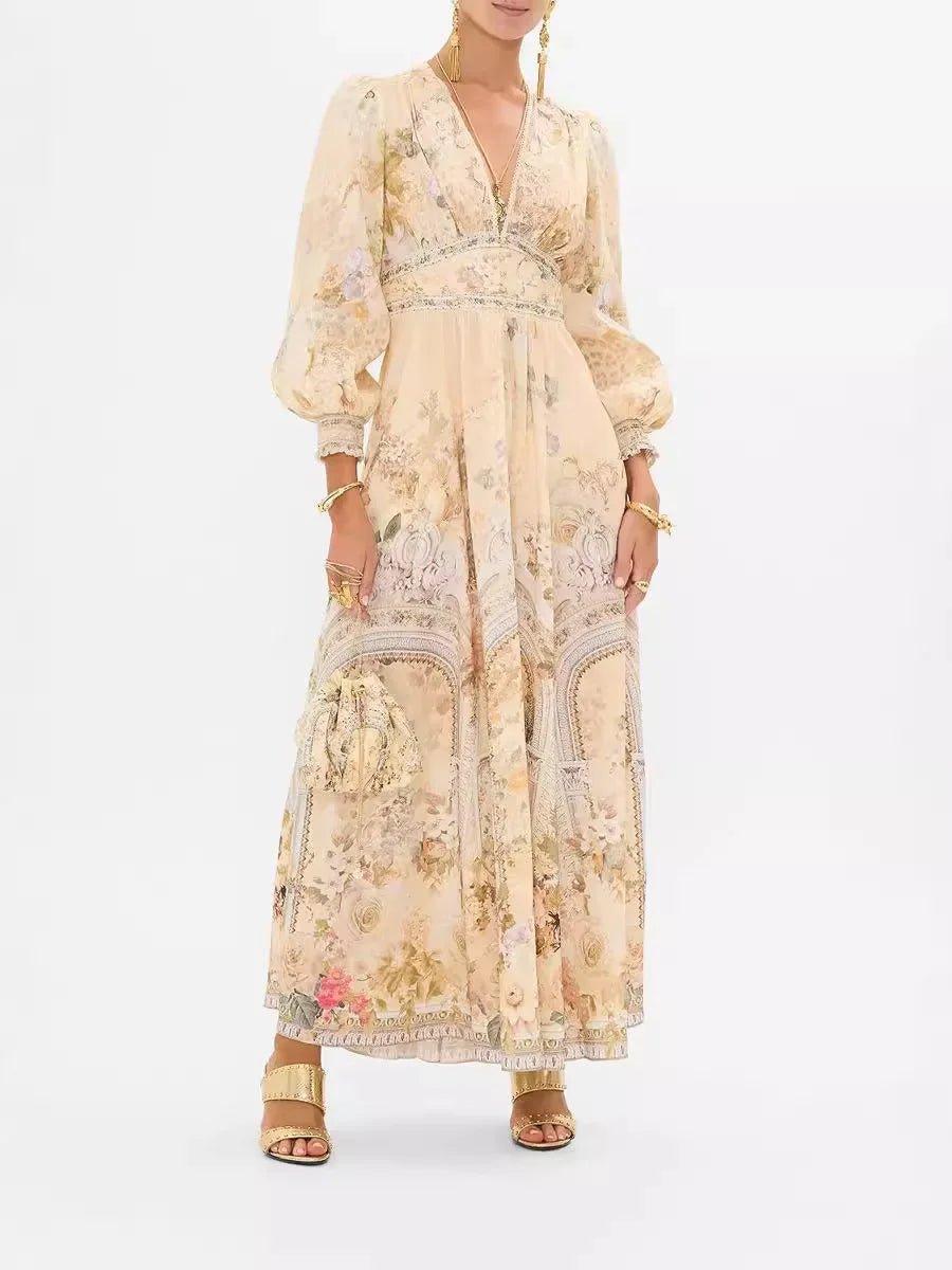 Elegant floral maxi dress with puff sleeves, V-neck, and gold accessories for women's fashion
