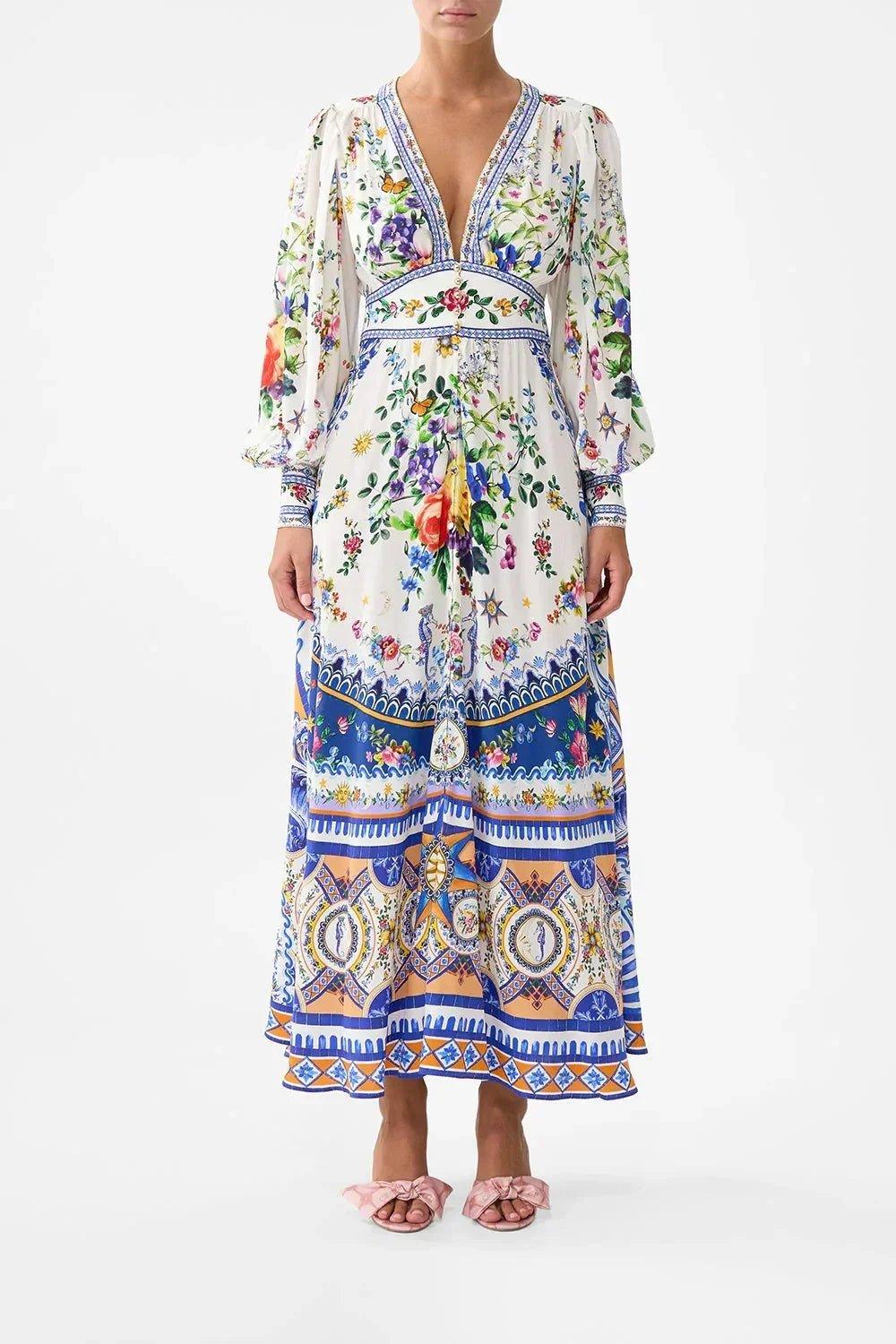 Floral print maxi dress with V-neck, puff sleeves, and boho patterned hem for women's fashion