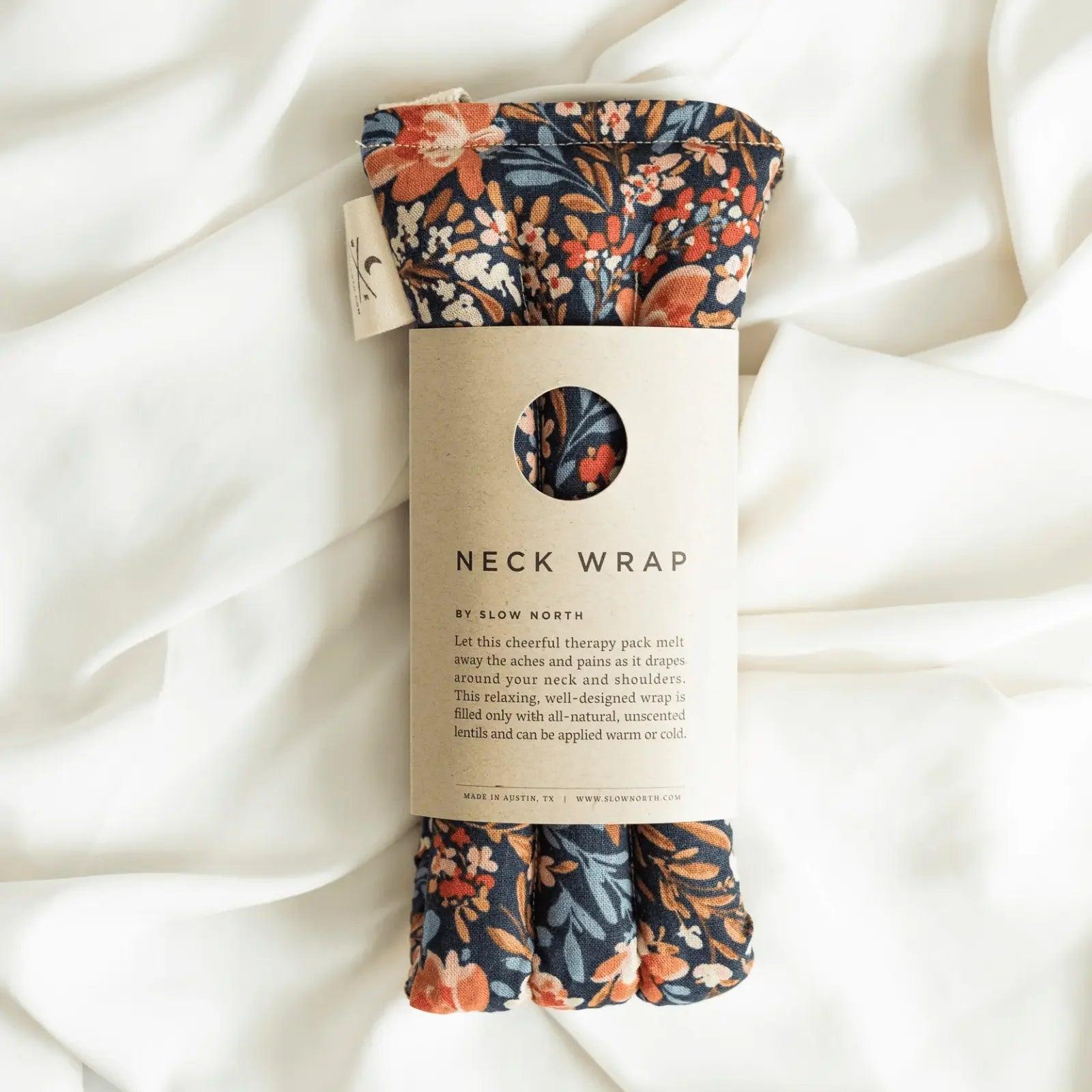 Floral neck wrap therapy pack for relaxation, all-natural unscented lentils, warm or cold use