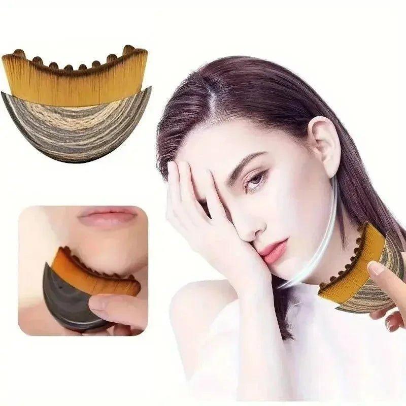 Woman using wooden facial gua sha tool for skincare and massage, natural beauty routine