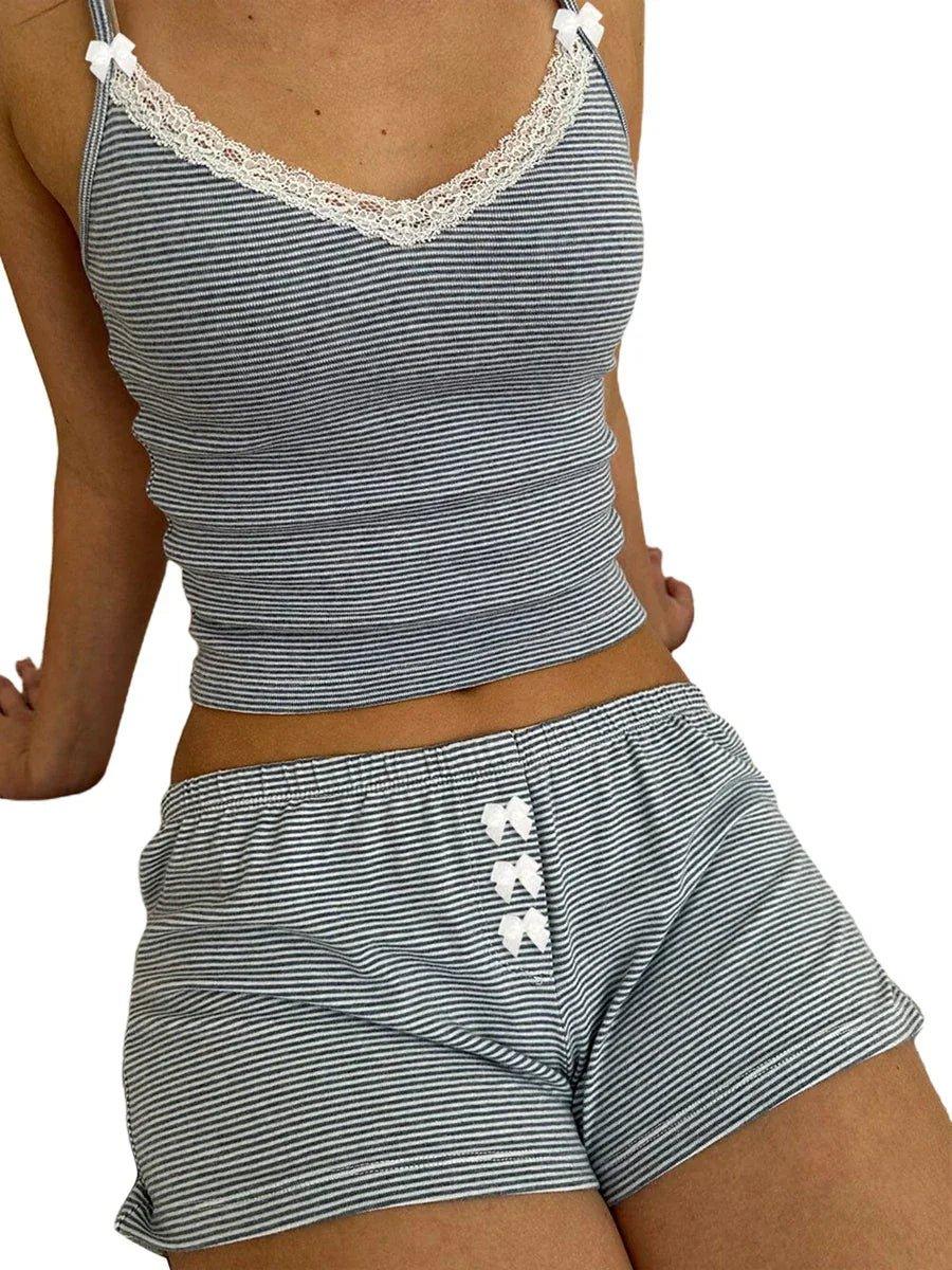 Striped women's pajama set with lace trim and bow details, cozy sleepwear for comfort