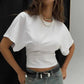 White cropped T-shirt with puff sleeves, layered necklace, and denim jeans for women's fashion