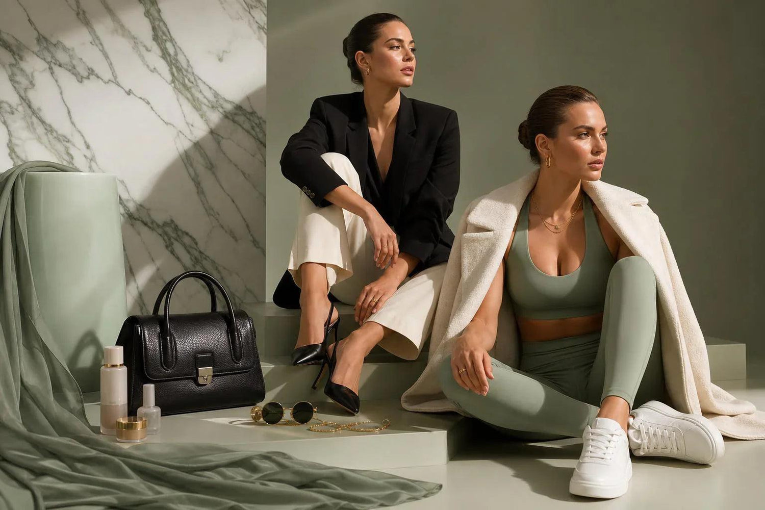 Women in stylish fashion outfits with handbag, sunglasses, and beauty products on marble backdrop
