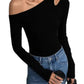 Black one-shoulder long sleeve top with cutout detail, paired with blue jeans for women's fashion