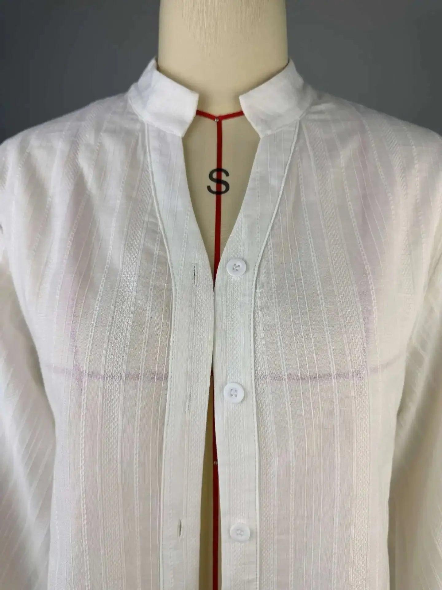 White striped button-up blouse with red trim, stylish women's fashion