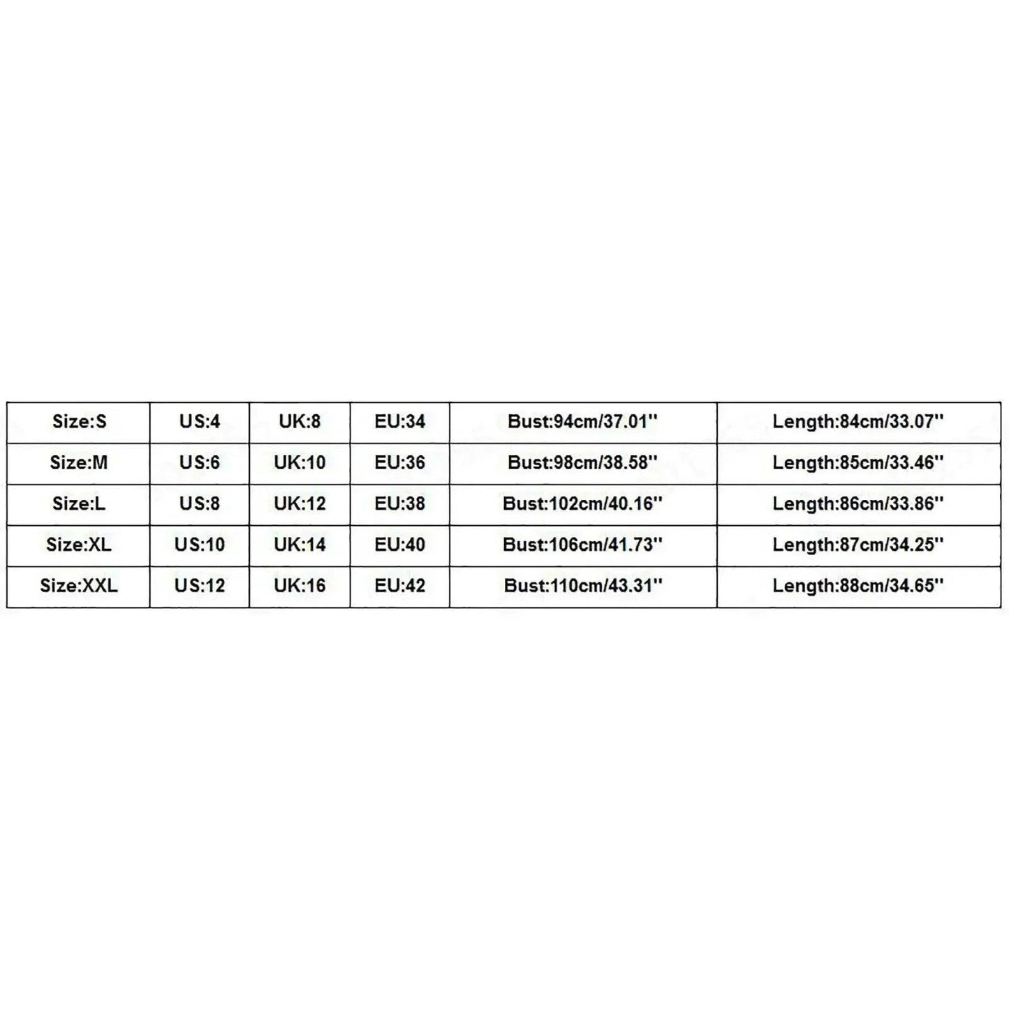 Women's clothing size chart with US, UK, EU measurements, bust, and length details for S to XXL sizes