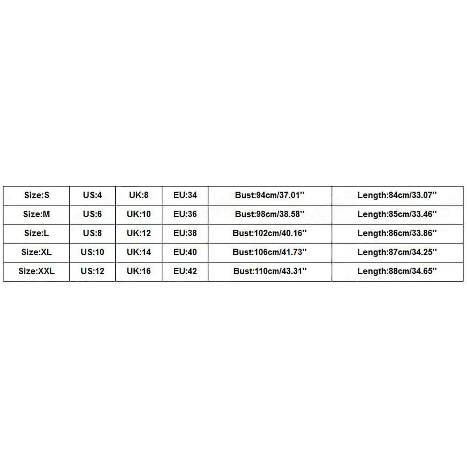 Women's clothing size chart with US, UK, EU measurements, bust, and length details for S to XXL sizes