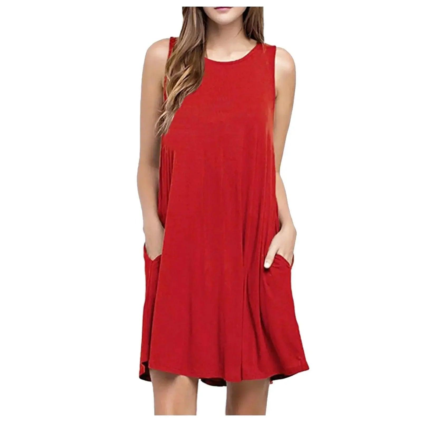 Red sleeveless women's dress with pockets, casual summer fashion