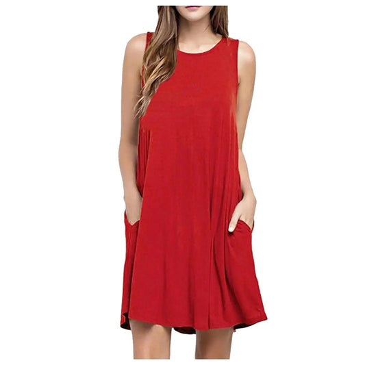 Red sleeveless women's dress with pockets, casual summer fashion